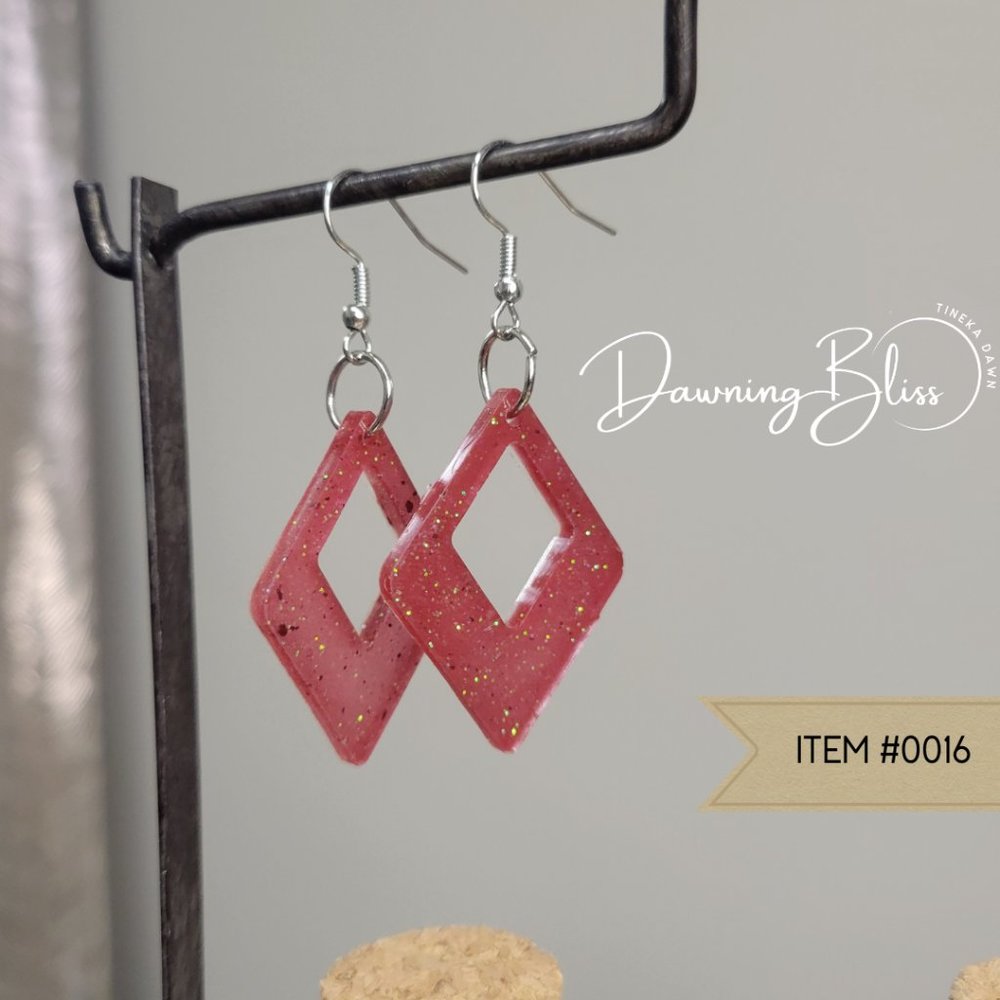 Strawberry Resin Hallow Diamond Sparkle Dangle Earrings- by Tineka Dawn